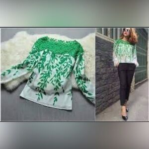 White Green Leaves Lace Neck Printed shirt
